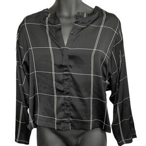 HM Button Up Blouse Womens 8 Black Minimalist Plaid Office Blouse Long Sleeves